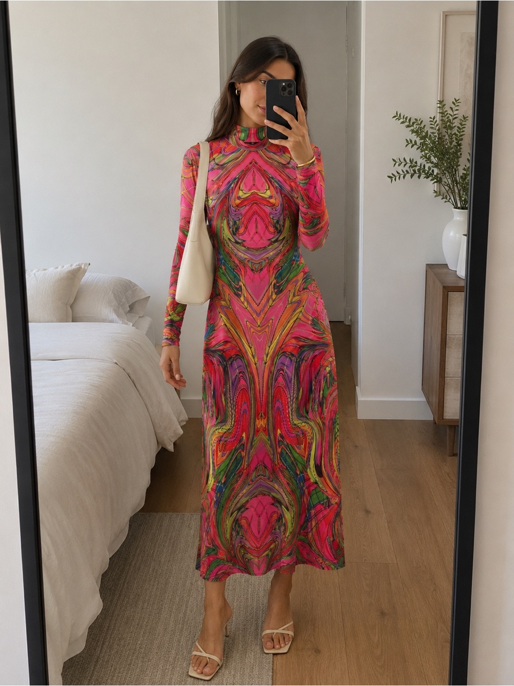 Desigual María Escoté Abstract Psychedelic Mock Neck Mesh Midi Dress Pink XS